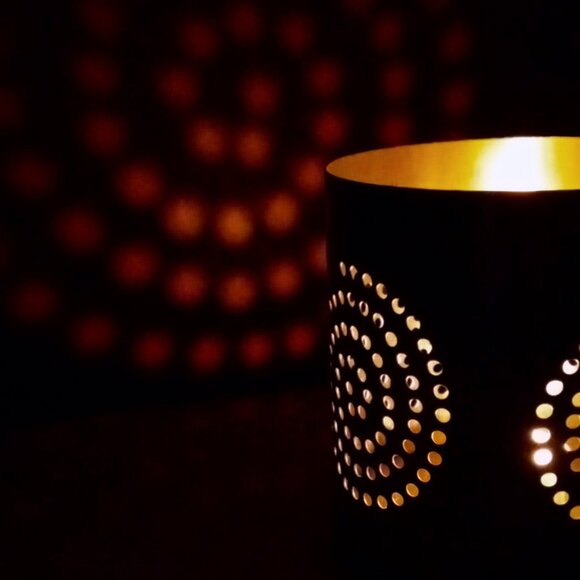 Artsy Silver Metal Cylindrical Candle Holder w/Punched holes in Spiral Designs - Picture 2 of 9